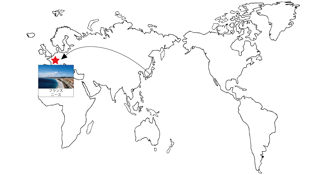 日本からフランスへの行き方を指した
            モノクロの世界地図