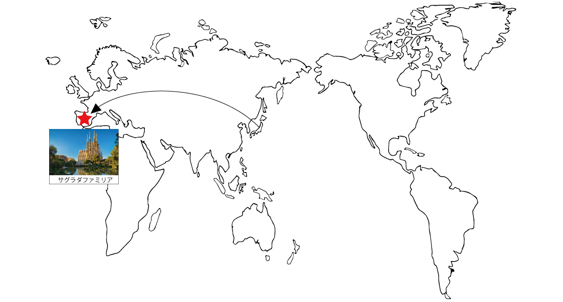 日本からスペインへ行き方を指した
            モノクロの世界地図